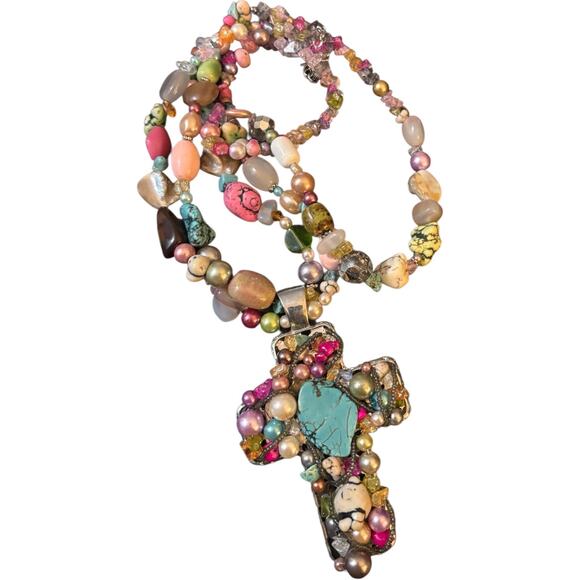 Beautiful Handmade Necklace. Colorful beads and a cross covered in stones. - Picture 1 of 2